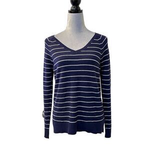 Gap Women's Striped Wool V-Neck Knit Sweater Blue Long Sleeve S Warm Cozy
